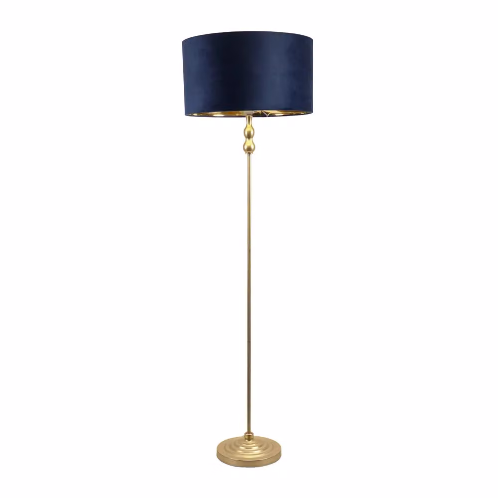 ValueLights Maggie Gold Candlestick Floor Lamp with Blue Velvet and Gold Inner Shade – 2
