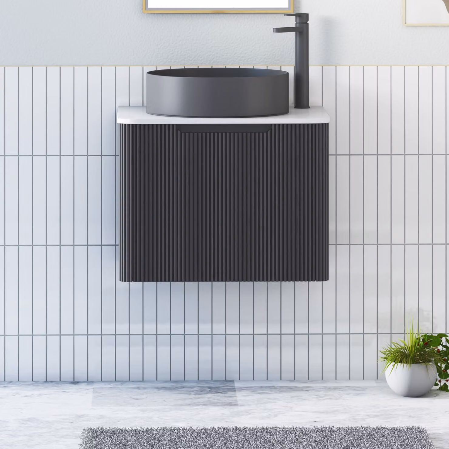 Royal Bathrooms Avenza Wall Hung Vanity Unit with 1 Drawer and Art Round Black Basin, Matt Obsidian Black and Plain White Worktop, Width: 60 cm