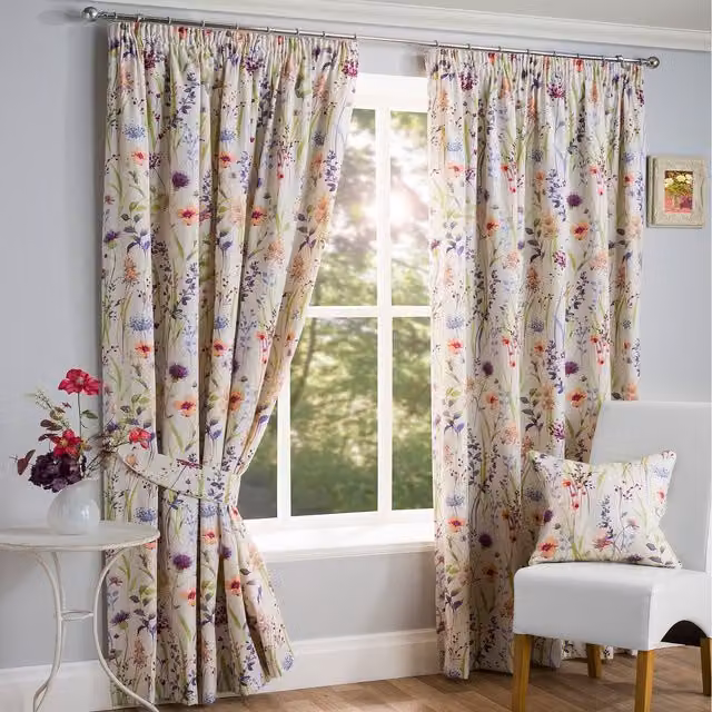 FWStyle Hampshire Summer Floral 3" Pencil Pleat Thermal Insulating Opaque Curtains, Multicolour