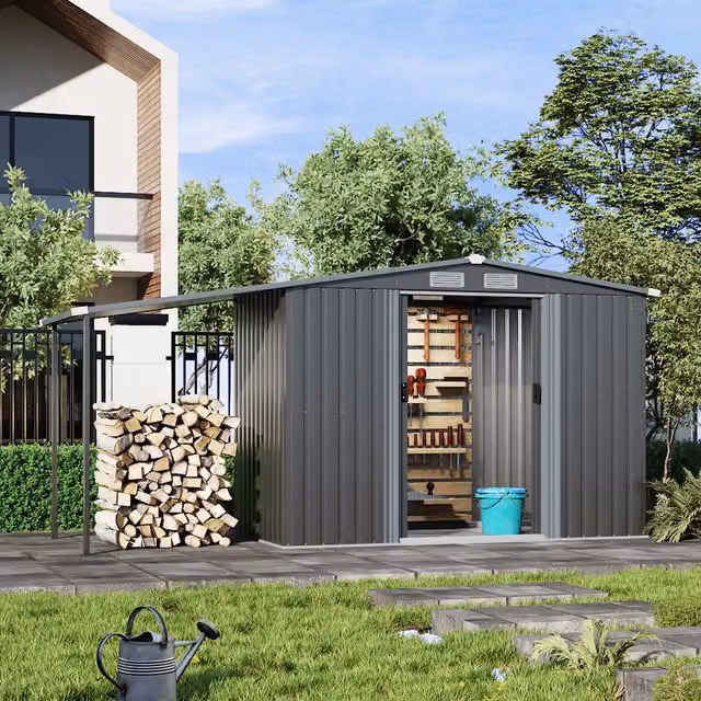 Breeins Durable Metal Outdoor Storage Shed with Lean-to, Dark Grey