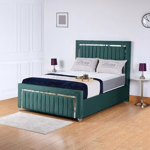 Living Comfort Bedz Zurich Plush Velvet Super King Gas Lift Storage Bed in Green with Silver Trim Detailing – 1