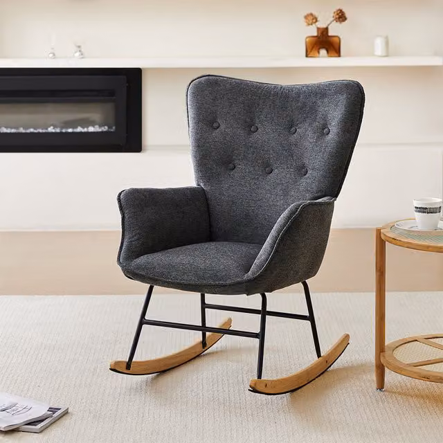 Komore Modern Upholstered Rocking Chair with Armrests in Black and Grey