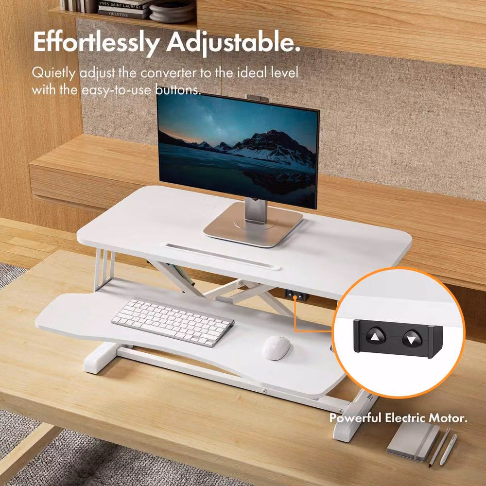 VonHaus Height Adjustable Two Tier Electric Desk Converter with Keyboard Shelf in White – 4