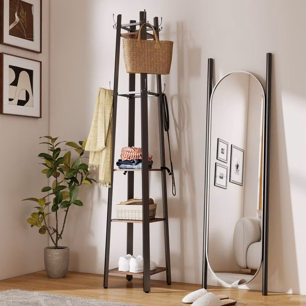 Wyld Haus Kareva 4 Tier Industrial Coat Stand with Shelves and Hooks, Rustic Brown and Black – 6
