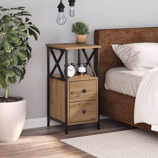 Berkfield Home Modern Artisan Oak Bedside Cabinet in Brown, W/D/H: 34 x 35.5 x 70 cm – 1