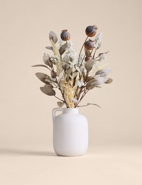 Moss & Sweetpea Artificial Dried Mixed Arrangement in a White Ceramic Pot