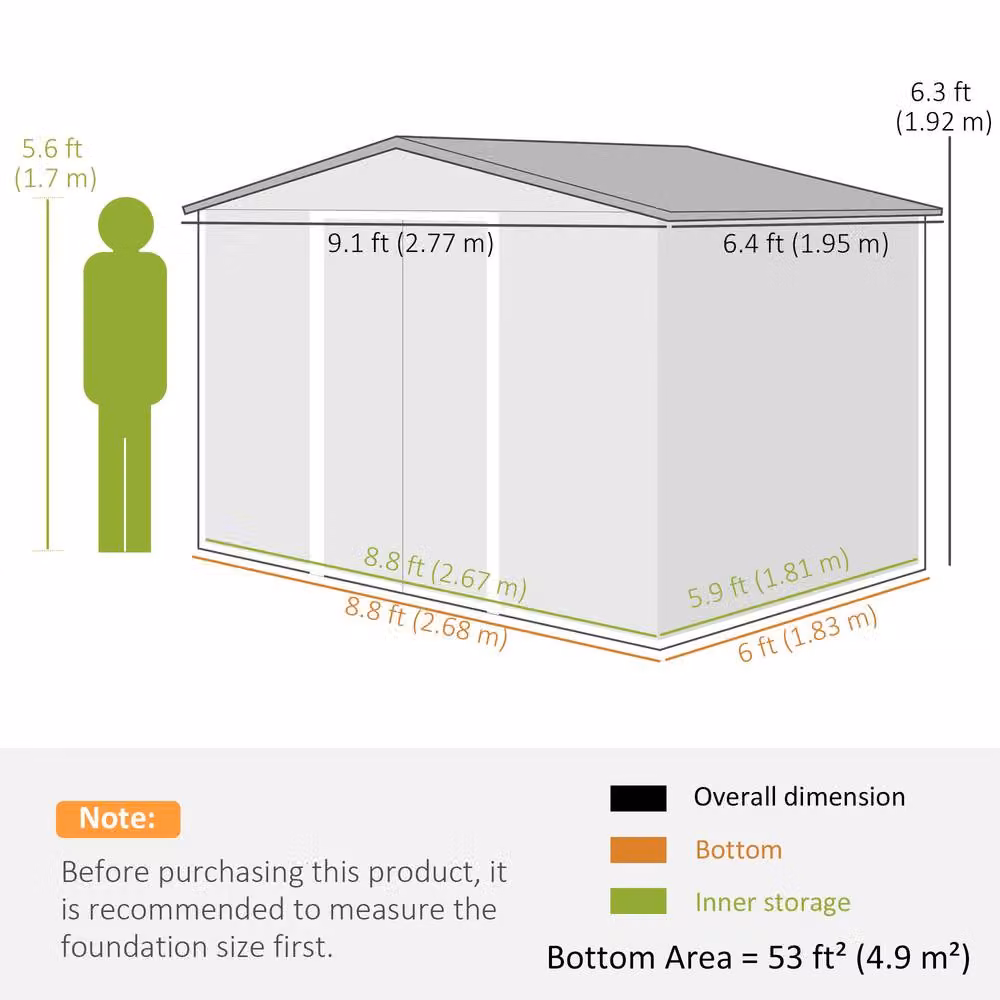 Rolipo Metal Garden Shed with Sliding Doors and Side Ventilation, Light Grey, W: 274.32 cm, D: 182.88 cm, H: 274.32 cm – 3