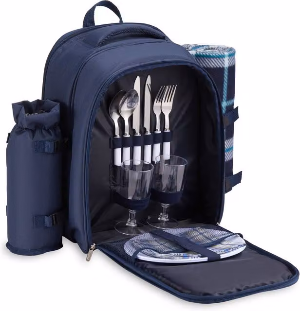 VonShef 2 Person Picnic Backpack with Stainless Steel Accessories in Blue