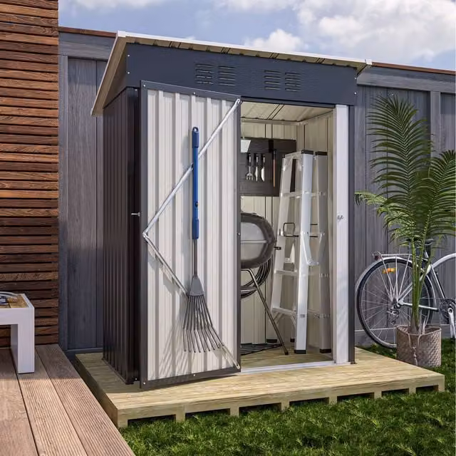 Birchtree Metal Garden Shed with Foundation in Anthracite and White, W 91.44 cm x D 147.64 cm x H 182.88 cm