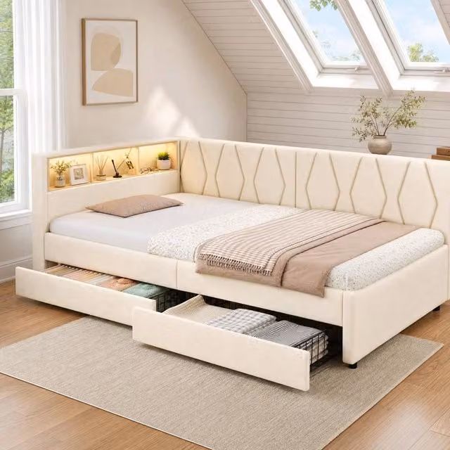 STILVORA Modern 3ft Single Bed Frame with USB Charging Port, Under-Bed Lighting and Drawers in Beige Linen, W/D/H: 90 x 190 x 82 cm – 1