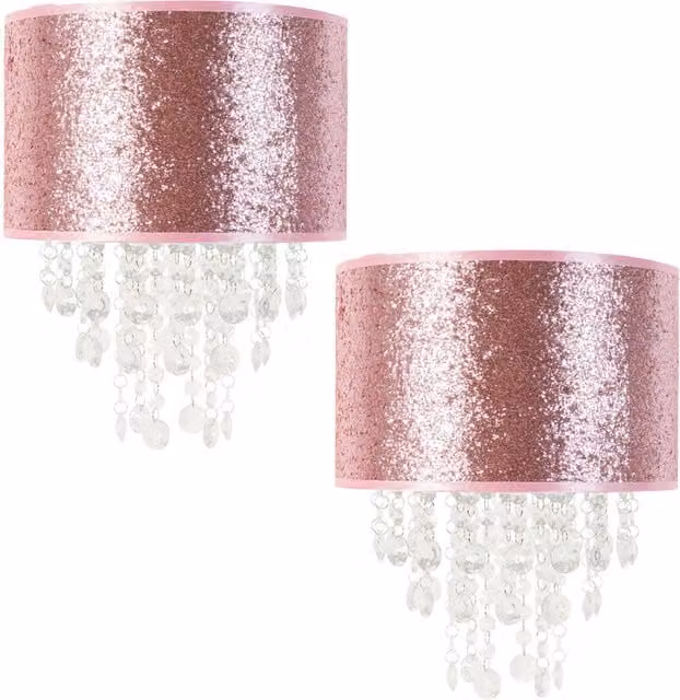 ValueLights Bonita Pair of Pink Glitter with Droplets Easy Fit Cylinder Lamp Shades