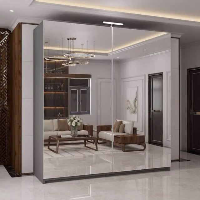 MN Furniture Modern Double Mirror Sliding Wardrobe with Integrated LED Lighting, Grey, W: 200 cm, H: 217 cm
