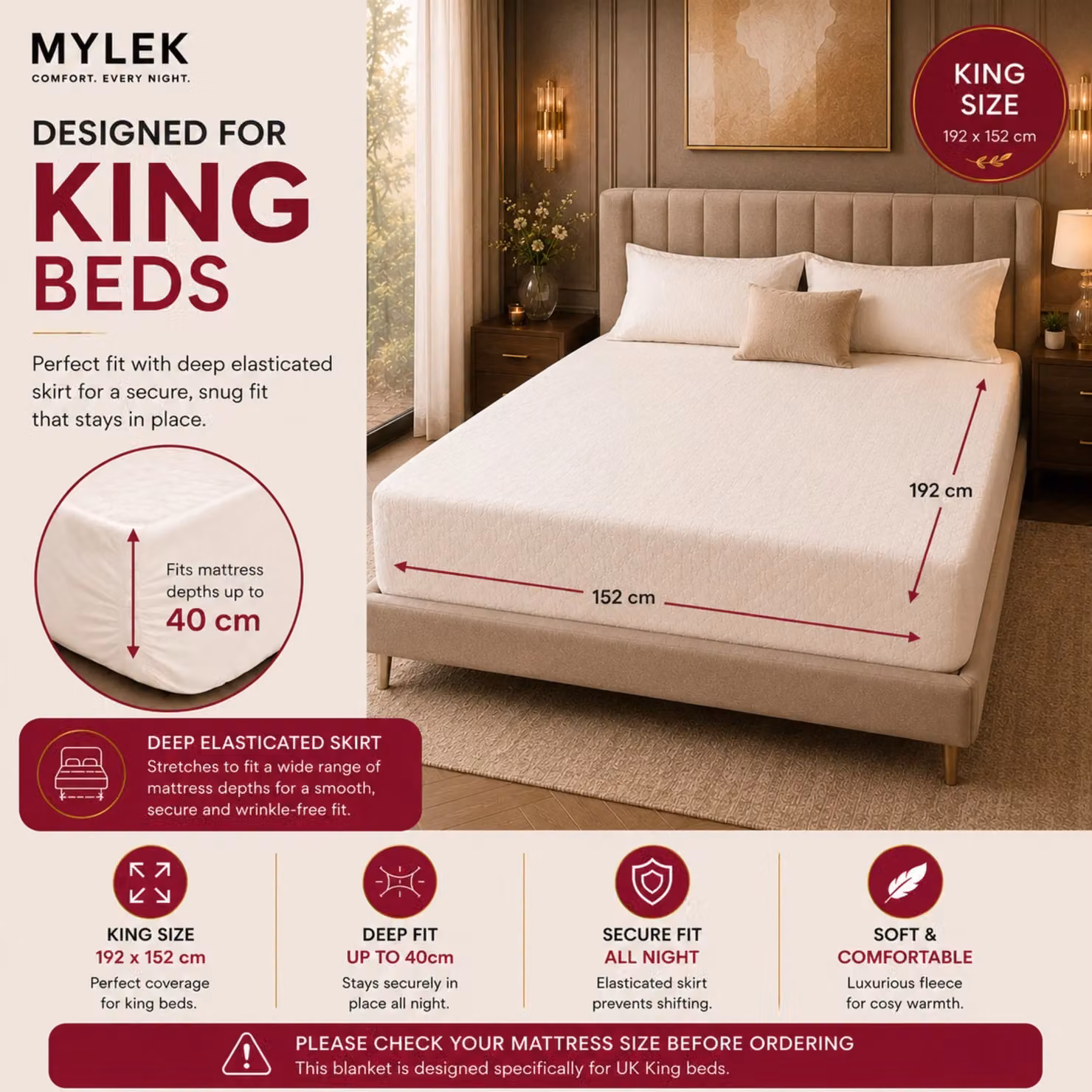 MYLEK Electric Heated Fitted Mattress Cover, King Size, Off-White, W/D/H: 180 x 200 cm – 2