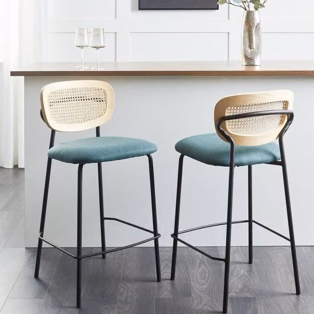 Wyld and Coco Signature Set of 2 Mid-Century Bar Chairs in Petrol Blue Polyester and Natural Rattan with Black Metal Frames