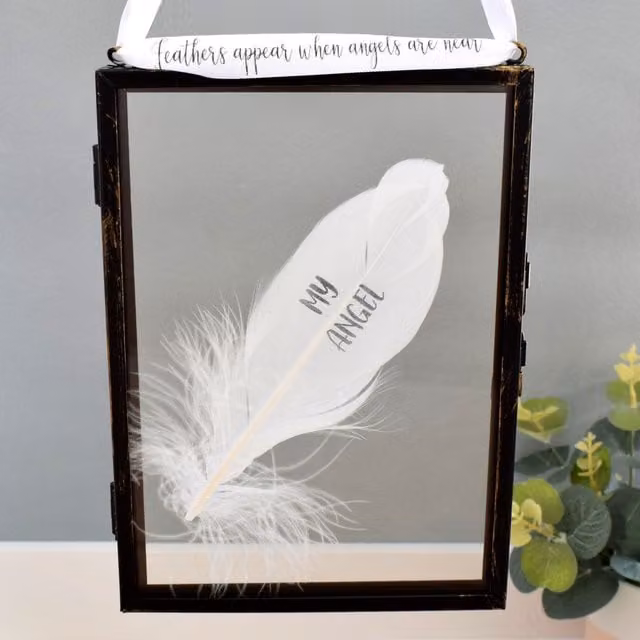 Amaya Rose Ltd My Angel In Memory of Real Feather Floating Picture Frame, Black, Single, Wall Mount, Rectangular, Glass and Metal – 1