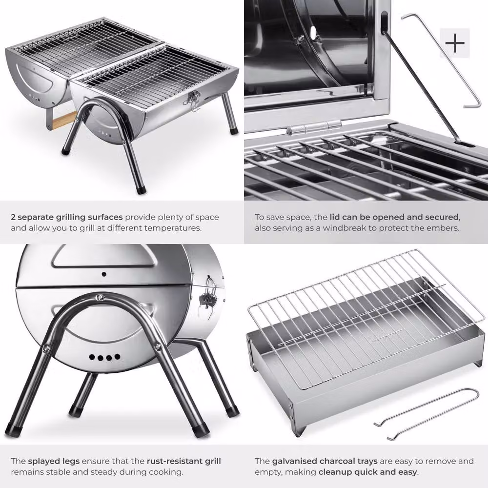 tectake Stainless Steel Charcoal Grill in Silver with 2 Cooking Surfaces and 2 Charcoal Trays, W/D/H: 44.0 x 42.0 x 30.5 cm – 5