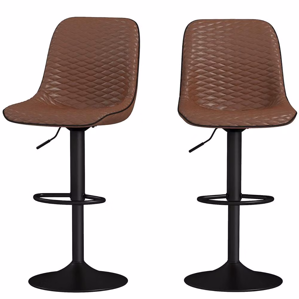 FURNOS Set of 2 Brown Faux Leather Bar Stools with Metal Footrest, W/D/H: 47 x 54 x 110 cm – 5