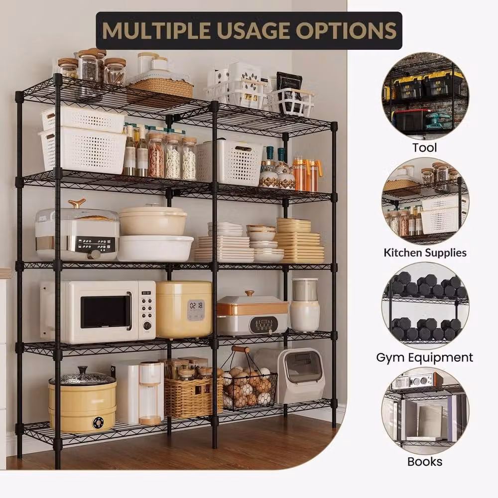 VOGREX 5-Tier Heavy Duty Metal Shelving Unit in Matt Black with Adjustable Shelves – 2