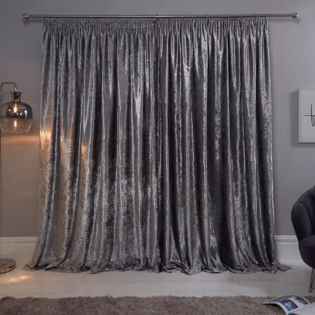 Sienna Silver Crushed Velvet Pencil Pleat Curtains, Pair, Thermal Insulating, Opaque