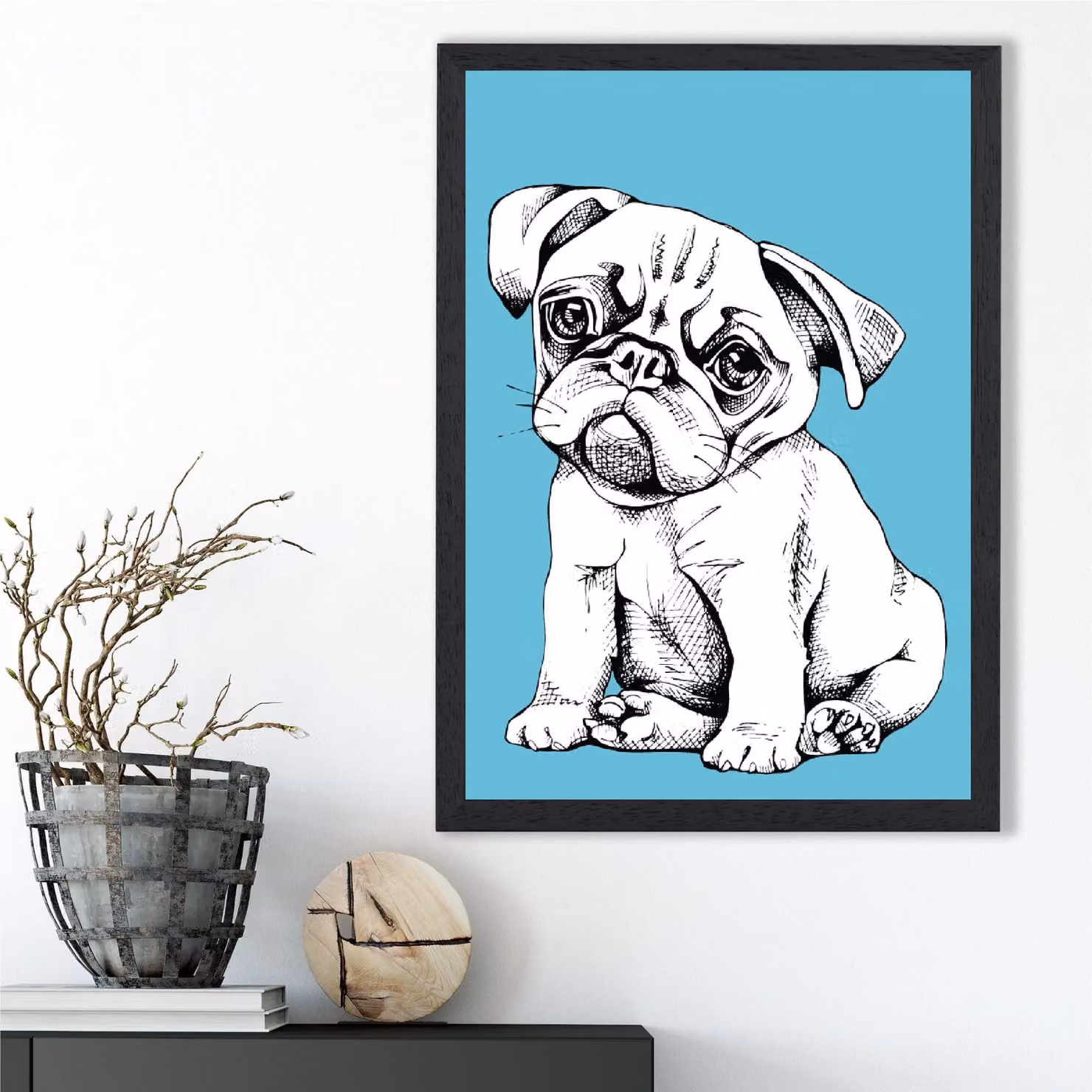 ARTZE Sketch Pug Dog Framed Print in Bright Blue with Black Frame, A3 – 2