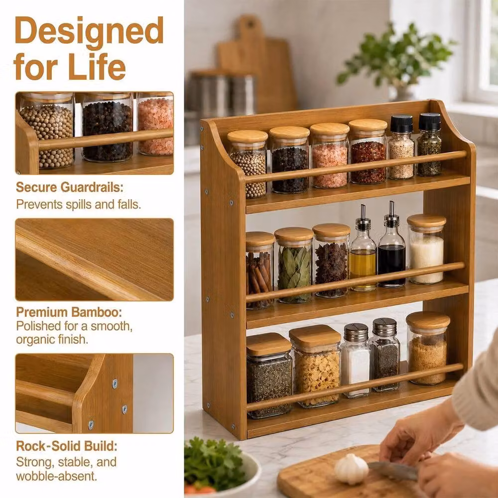 Kelvenix 3-Tier Wooden Spice Rack in Brown and Sand, W/D/H: 40.2 x 40.2 x 12.6 cm – 4