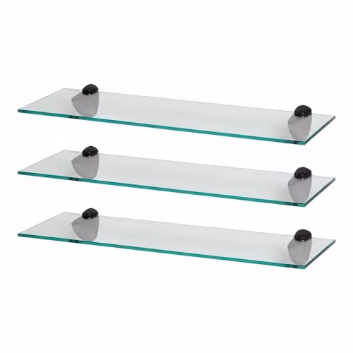 Harbour Housewares Set of 3 Floating Glass Bathroom Shelves, Black and Transparent, W: 60 cm, D: 13 cm, H: 3 cm