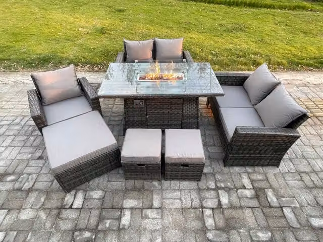 Fimous 8 Seater Rattan Outdoor Garden Furniture Set with Gas Fire Pit Table, Love Sofa, Armchair and 3 Footstools in Dark Grey