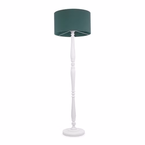 ValueLights Traditional White Wood Candlestick Floor Lamp with Forest Green Fabric Drum Shade and LED Bulb, H 155 cm x W 45 cm x D 45 cm