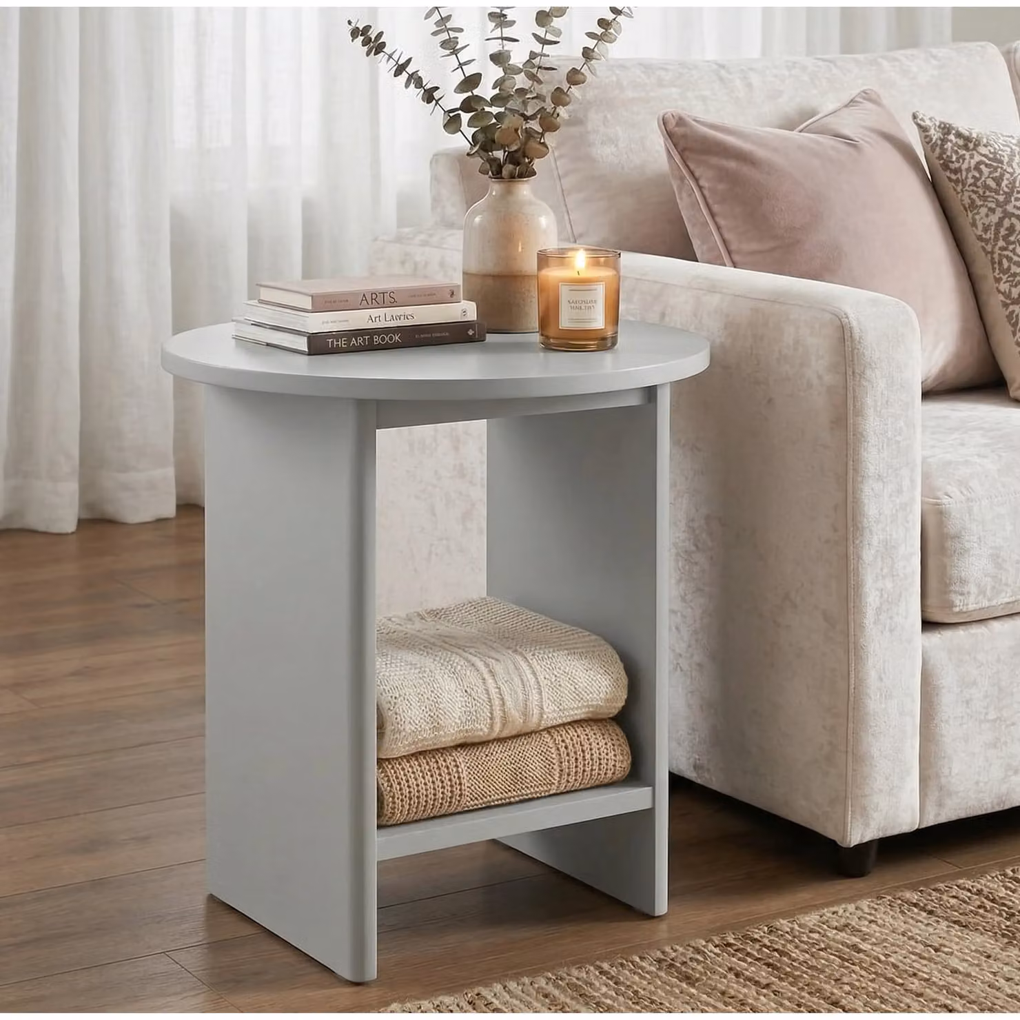 DHS Small Round Grey Side Table with Shelf, W/D/H: 45 x 45 x 50 cm