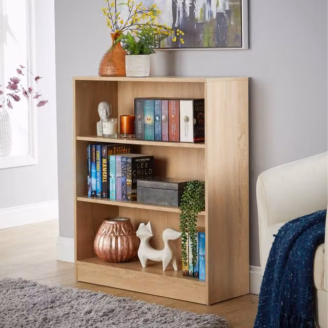 Home Source Clara Low Wide Storage Bookcase with Adjustable Shelves in Oak Effect Brown and White