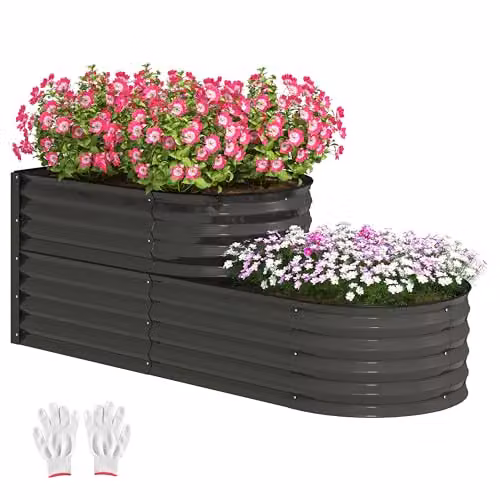 Outsunny 2-Tier Metal Raised Garden Bed Planter Box in Grey