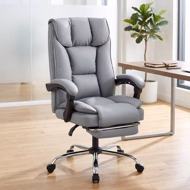 ERGOVEXA Grey Faux Leather Reclining Swivel Executive Office Chair with Headrest and Armrests, H 121 x W 72 x D 66 cm – 1