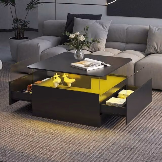 KEEPREAPER Modern Black Coffee Table with 2 Drawers and LED Light – 1