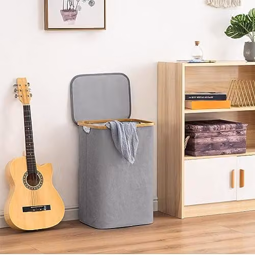 AMOS 100L Laundry Basket Bin with Lid, Grey Collapsible Fabric Washing Basket with Removable Inner Bag and Handles – 4
