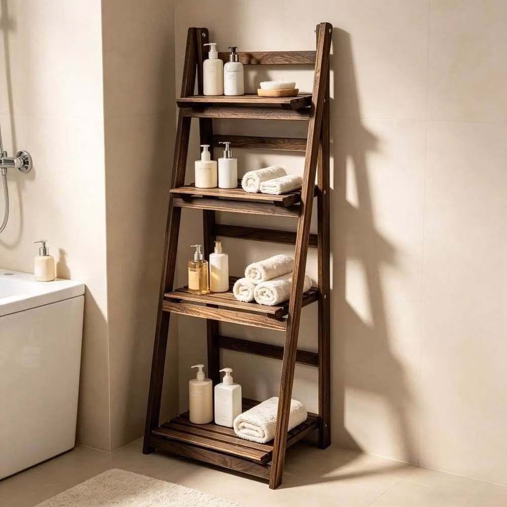 NESTLUNE 4 Tier Wooden Ladder Plant Stand in Brown, H 110 x W 32.5 x D 32.5 cm – 5
