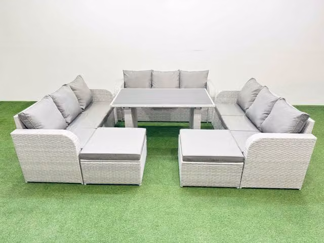 Fimous Modern Rattan Garden Furniture Set in Light Grey with 2 Large Stools