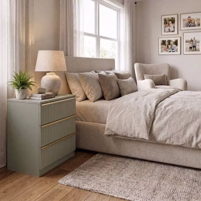FWStyle Ripple Effect Green 3 Drawer Chest of Drawers with Scalloped Fronts and Gold Accents