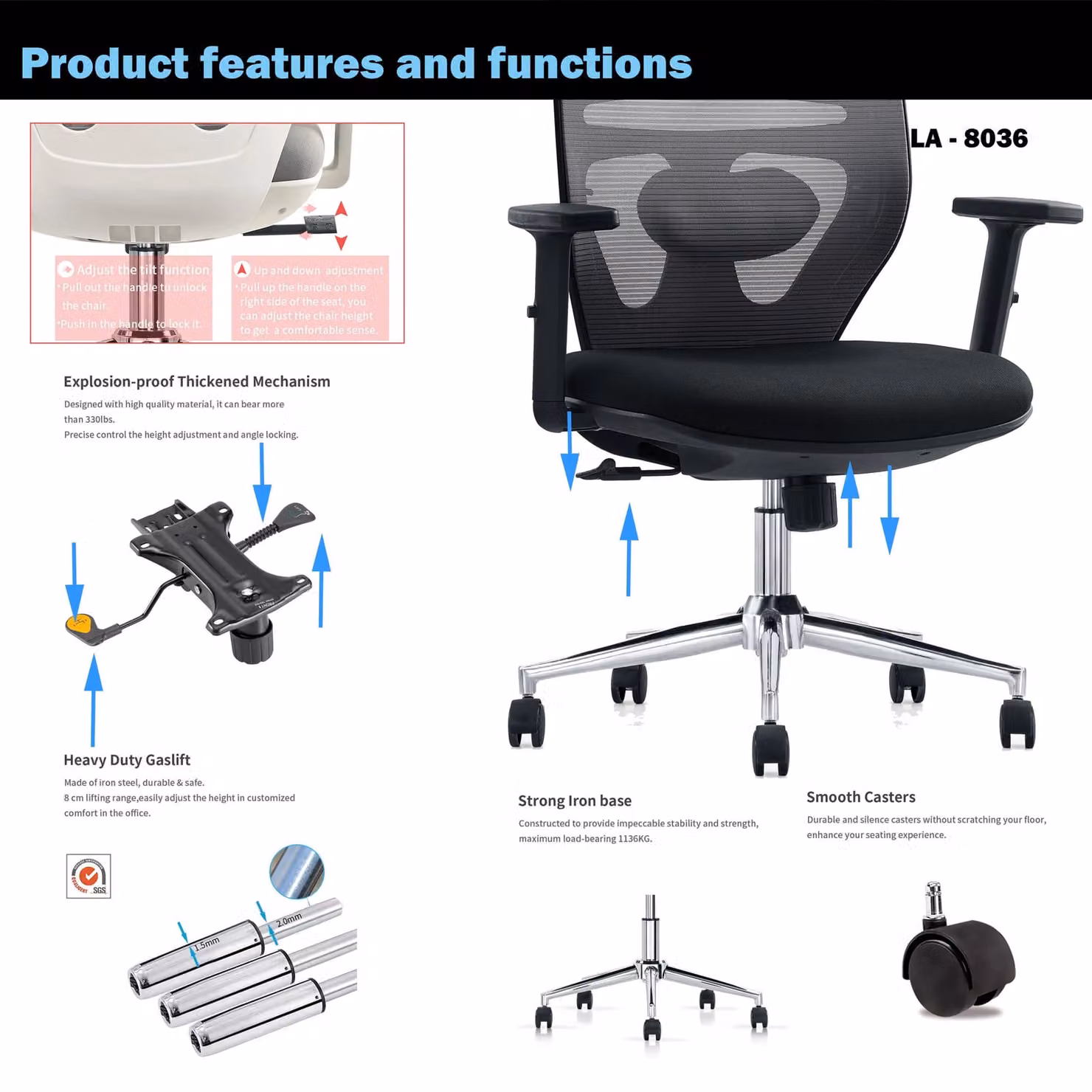 JFY Ergonomic Reclining Office Chair with Flip-Up Armrests and Headrest in Black Fabric – 5