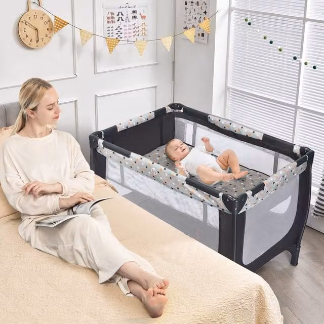 Costway 2-in-1 Foldable Baby Playpen and Bassinet Bed Activity Centre with Mattress in Grey and Multicolour