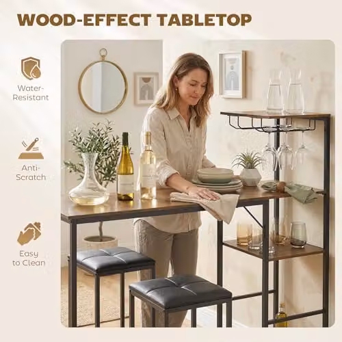 HOMCOM 3 Piece Breakfast Bar Table and Stools Set with 4-Tier Shelving in Rustic Brown – 5