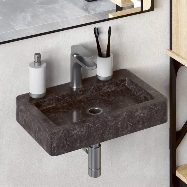 Berkfield Black Marble Wall Mounted Rectangular Home Sink W/D/H: 38 x 24 x 6.5 cm