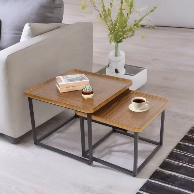 Pirlo Plush 2-Piece Nesting Tables in Brown Industrial Wood Grain with Black Metal Sled Base – 1
