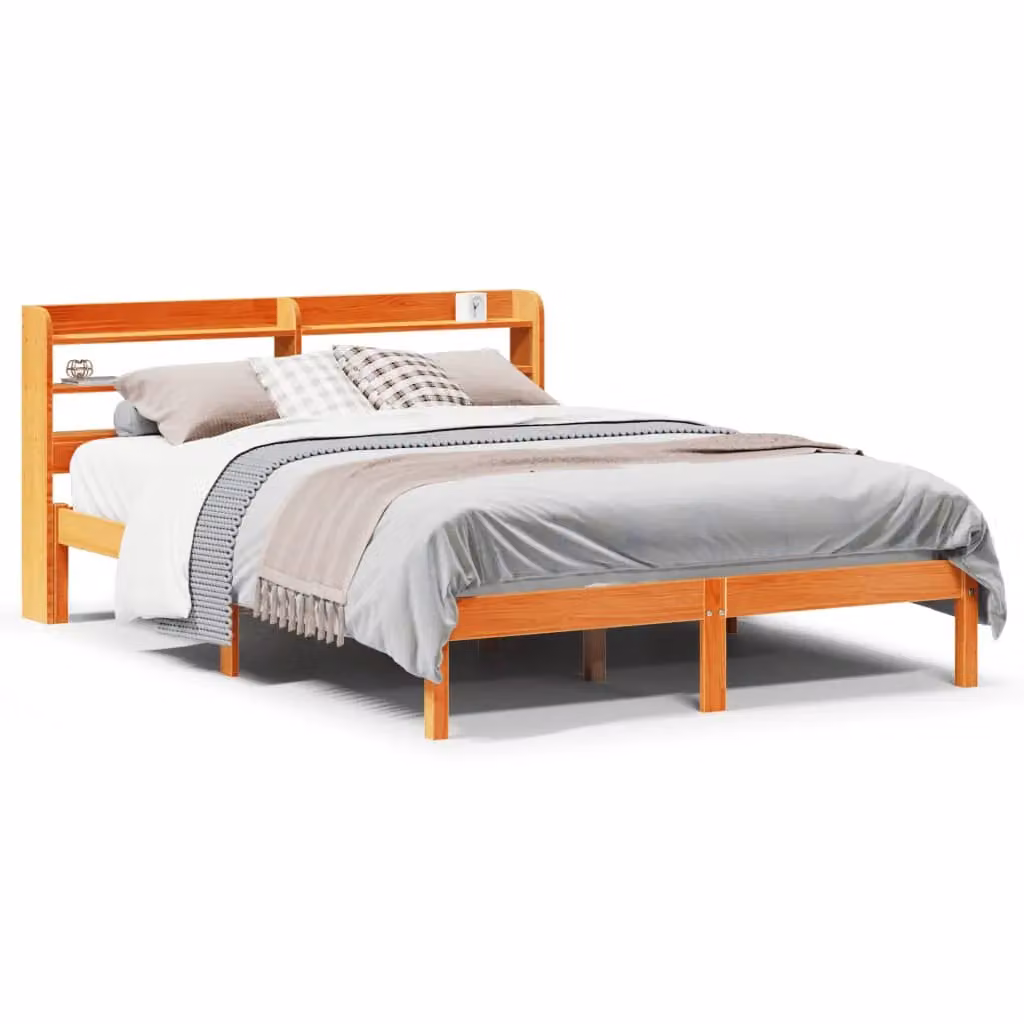 Berkfield Home King Size Bed Frame with Headboard and Side Compartments in Wax Brown Solid Pine Wood, W/D/H: 150 x 200 cm – 2