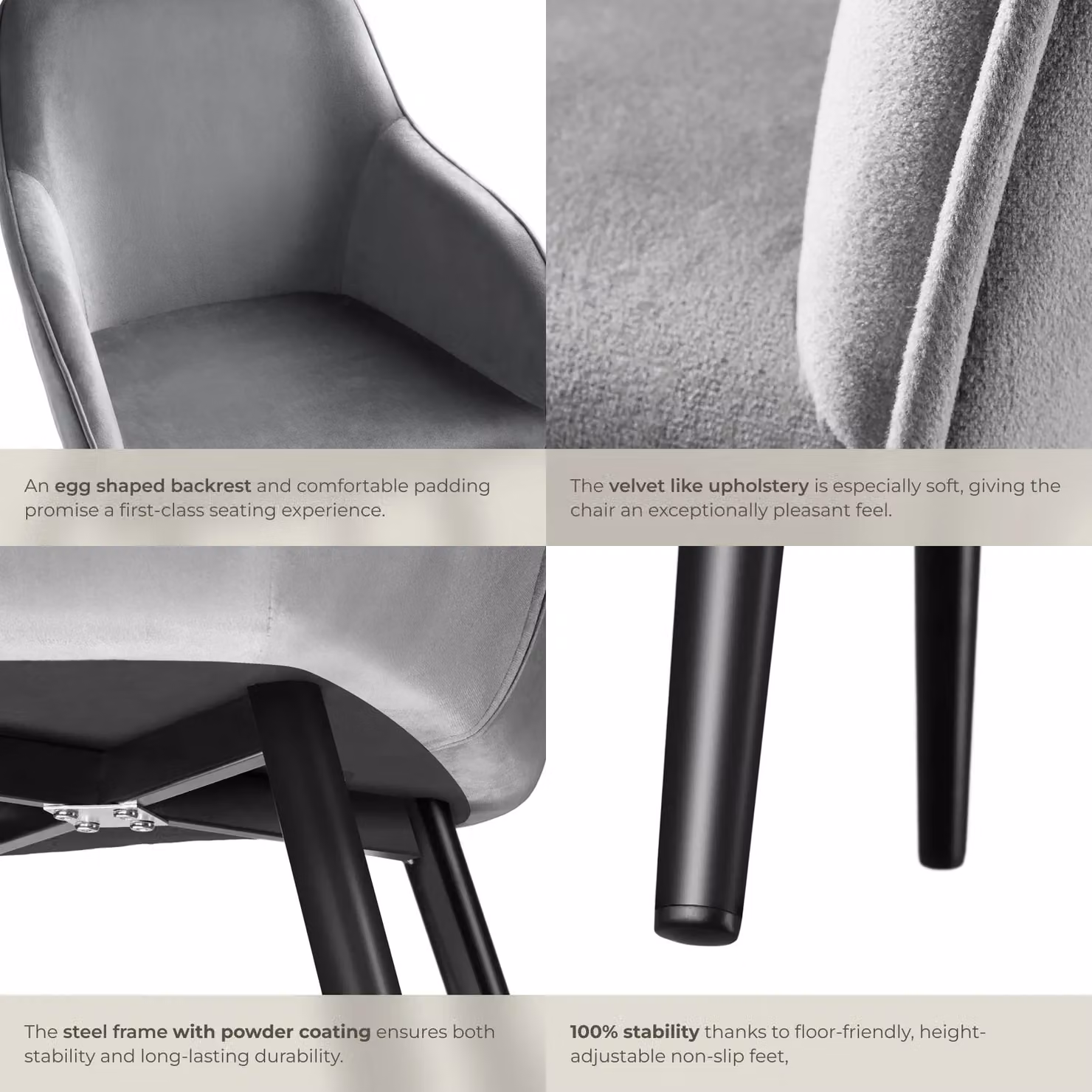 tectake Marilyn Velvet Dining Chair Set of 2 in Grey and Black – 5