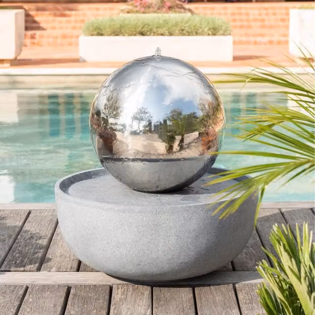 Primrose Stainless Steel Round Sphere Tabletop Water Fountain and Basin with Lights, Silver