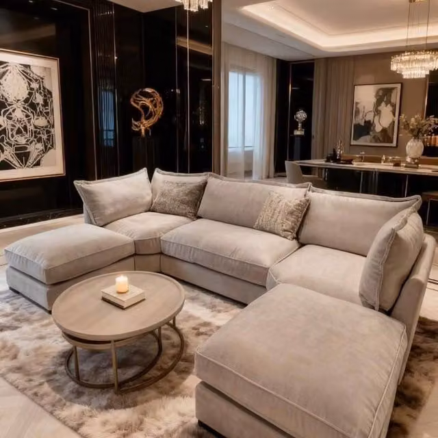 Home & Love Bishop U Shape Cinema Fixedback Corner Sofa in Maison Beige with Matching Ottoman and Scatter Cushions