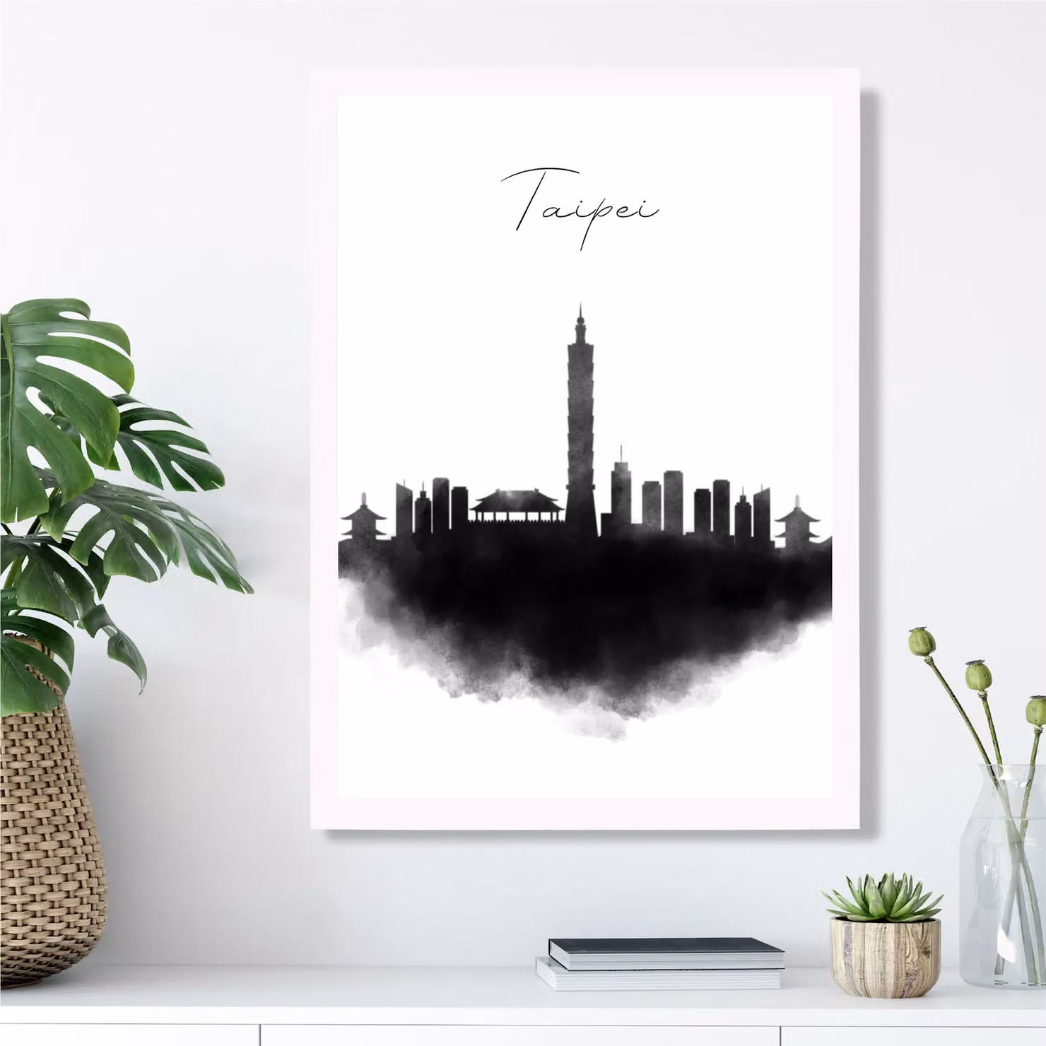 ARTZE Taipei Watercolour Skyline City Framed Print, Black Frame – 2