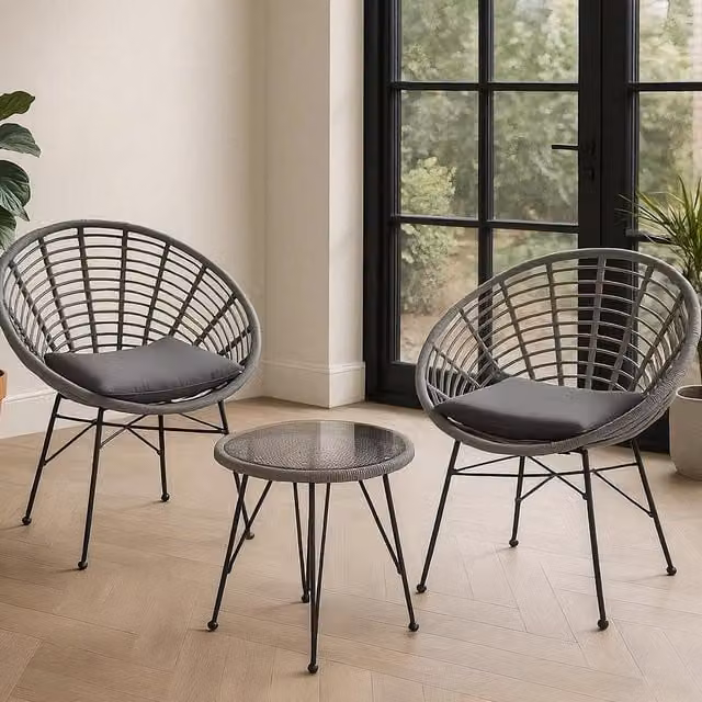COSTWAY 3 Piece Modern Grey Rattan and Metal Outdoor Bistro Furniture Set with Glass Table and 2 Chairs
