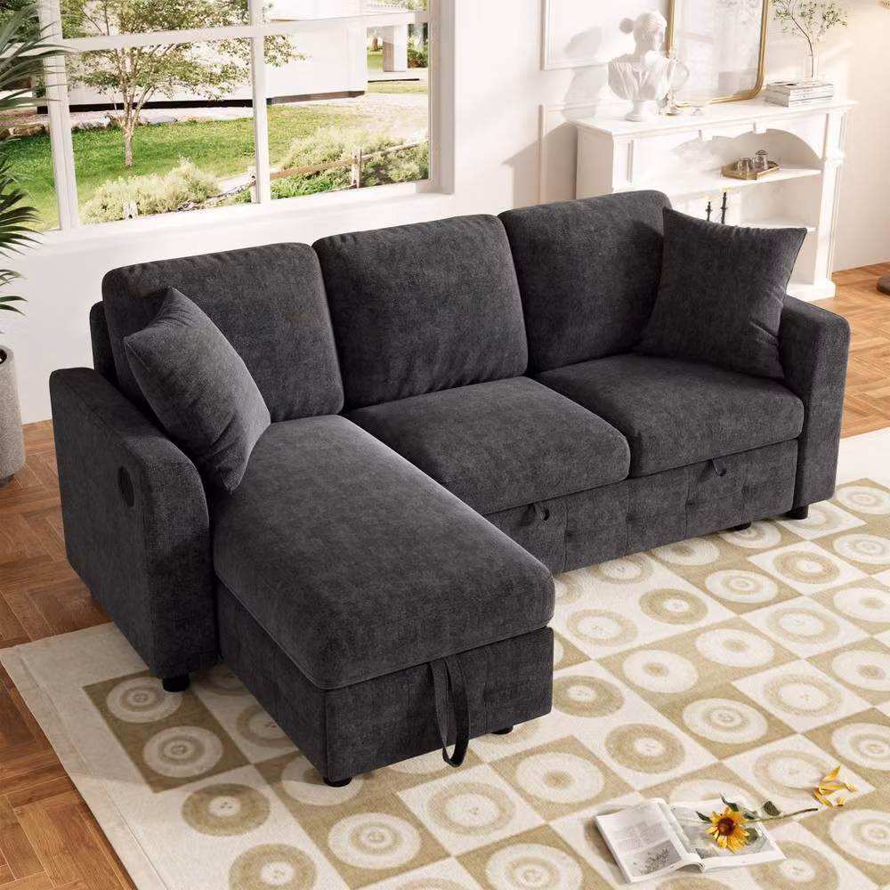 Rolipo Grey Reversible L-Shaped Chenille Fabric Sofa Bed with USB Charging and Storage Chaise – 4