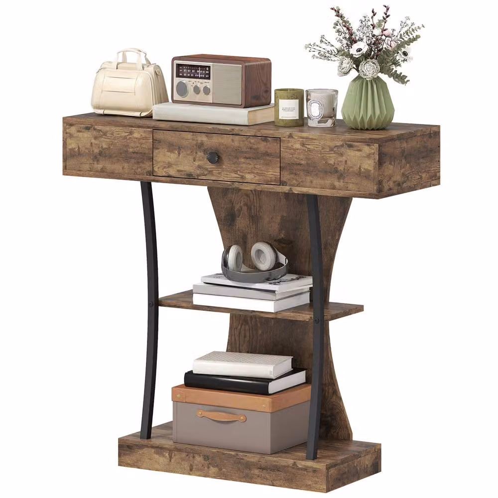STILVORA Industrial Console Table with Drawer and Shelves in Dark Brown and Black – 3